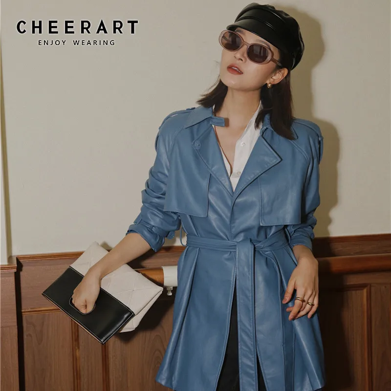 CHEERART Синяя кожаная куртка женская на шнуровке мотоциклетная байкерская PU