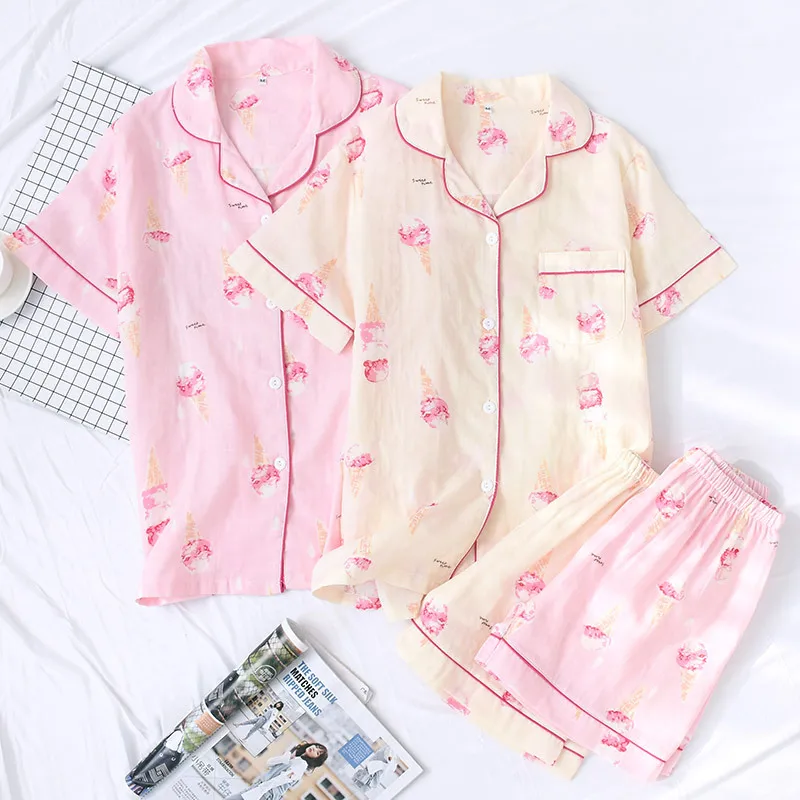 Summer Pajamas Set Women Pure Cotton Gauze Soft Short Sleeve Sleepwear with Shorts Ice Cream Ladies Homewear Loose Comfortable