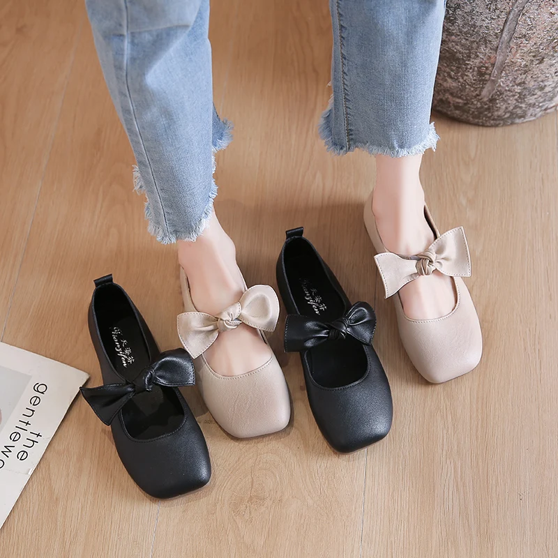 

Retro Woman Shoes Soft Casual Female Sneakers Bow-Knot Flats Square Toe Summer New Grandma Butterfly Dress Leisure Rubber Fabric