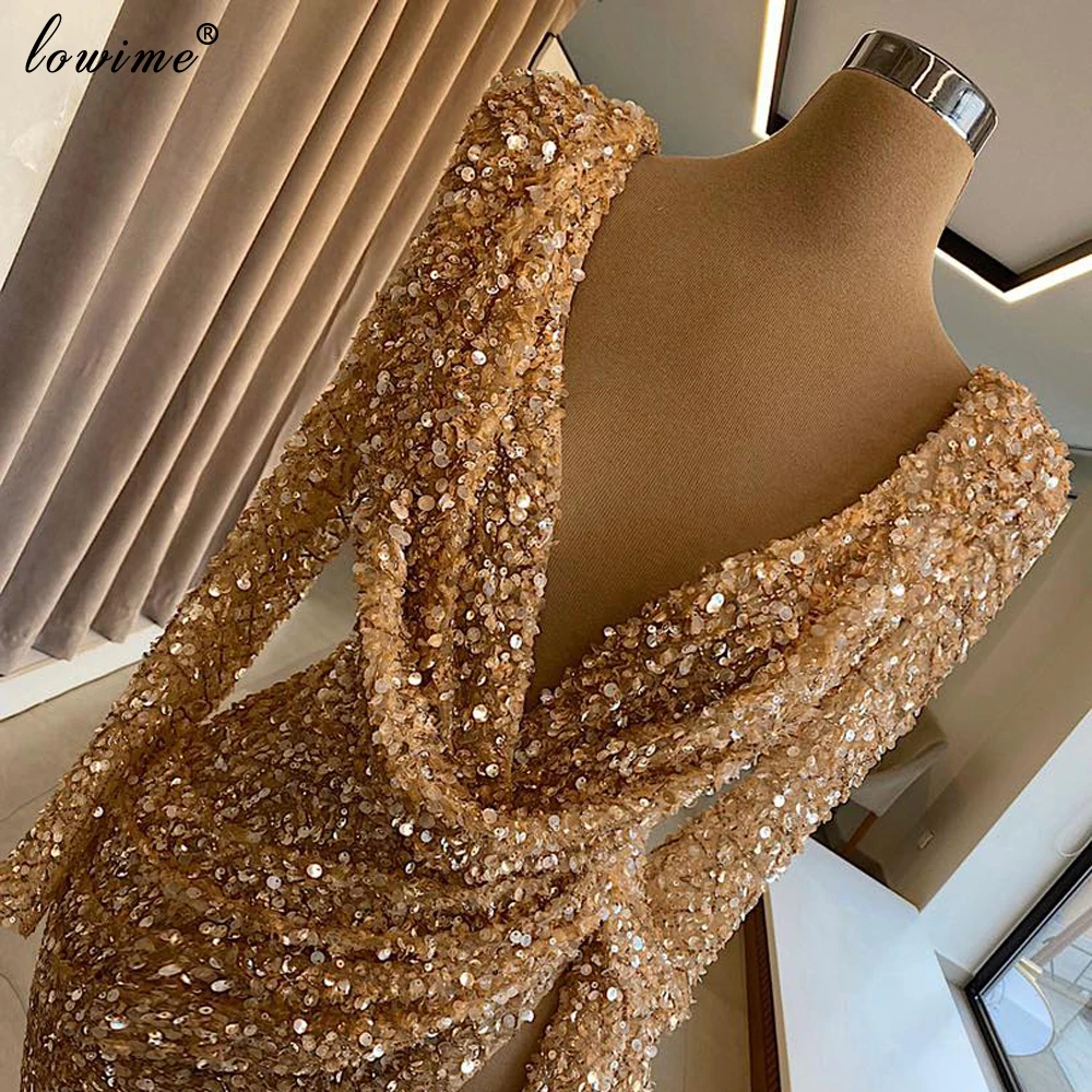 

Muslim Champagne Shiny Evening Dresses Long Sequins Formal Prom Dress With Long Sleeves Mermaid Plus Size Cocktail Dress Women