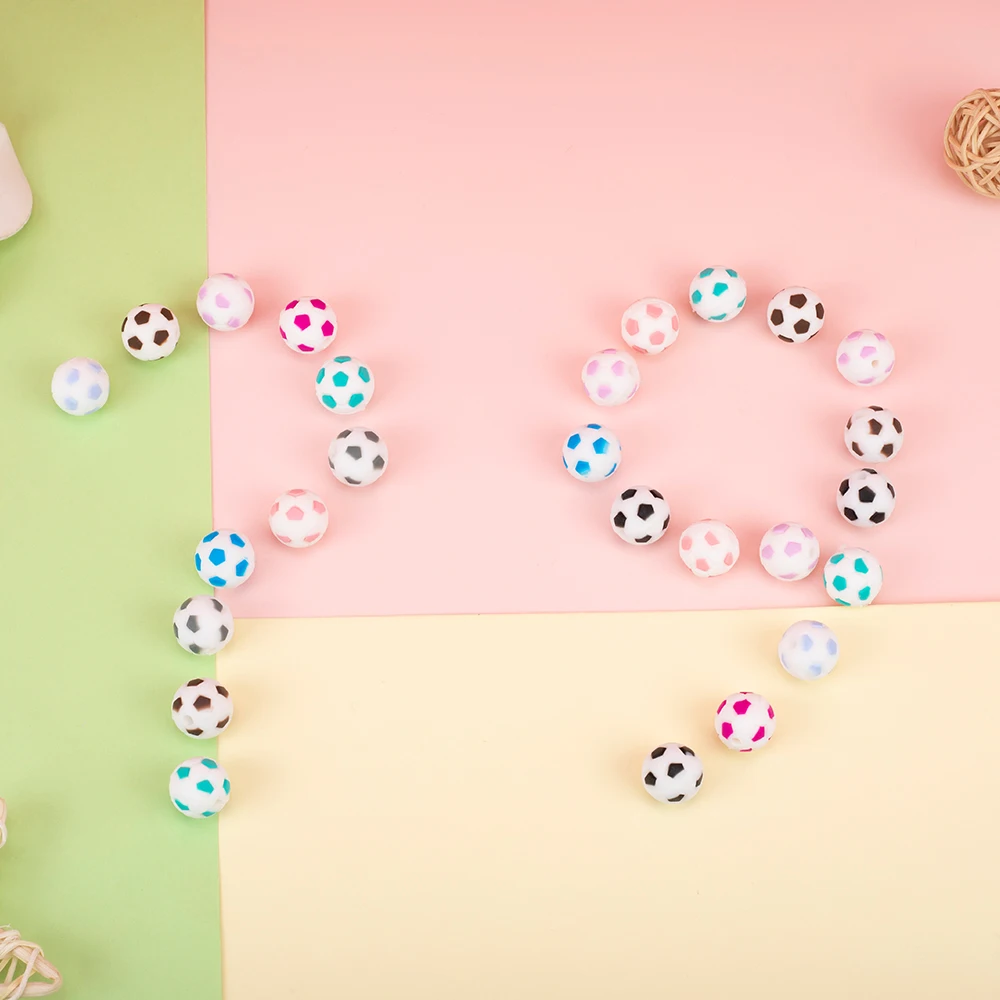 Sunrony-Cuentas de silicona de 15mm para beb&eacute;, pulsera redonda de f&uacute;tbol de silicona de grado alimenticio, sin BPA, 10 piezas-2