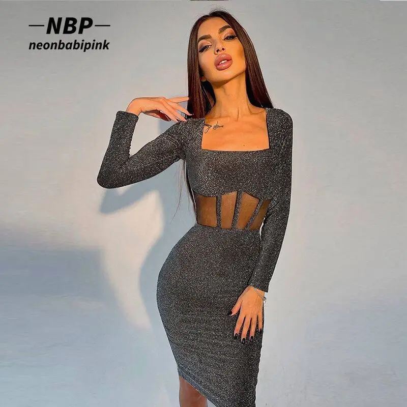 

NEONBABIPINK Glitter Black Long Sleeve Bodycon Dresses for Women Party Night Club Wear Elegant Sexy Evening Dress N68-CE23