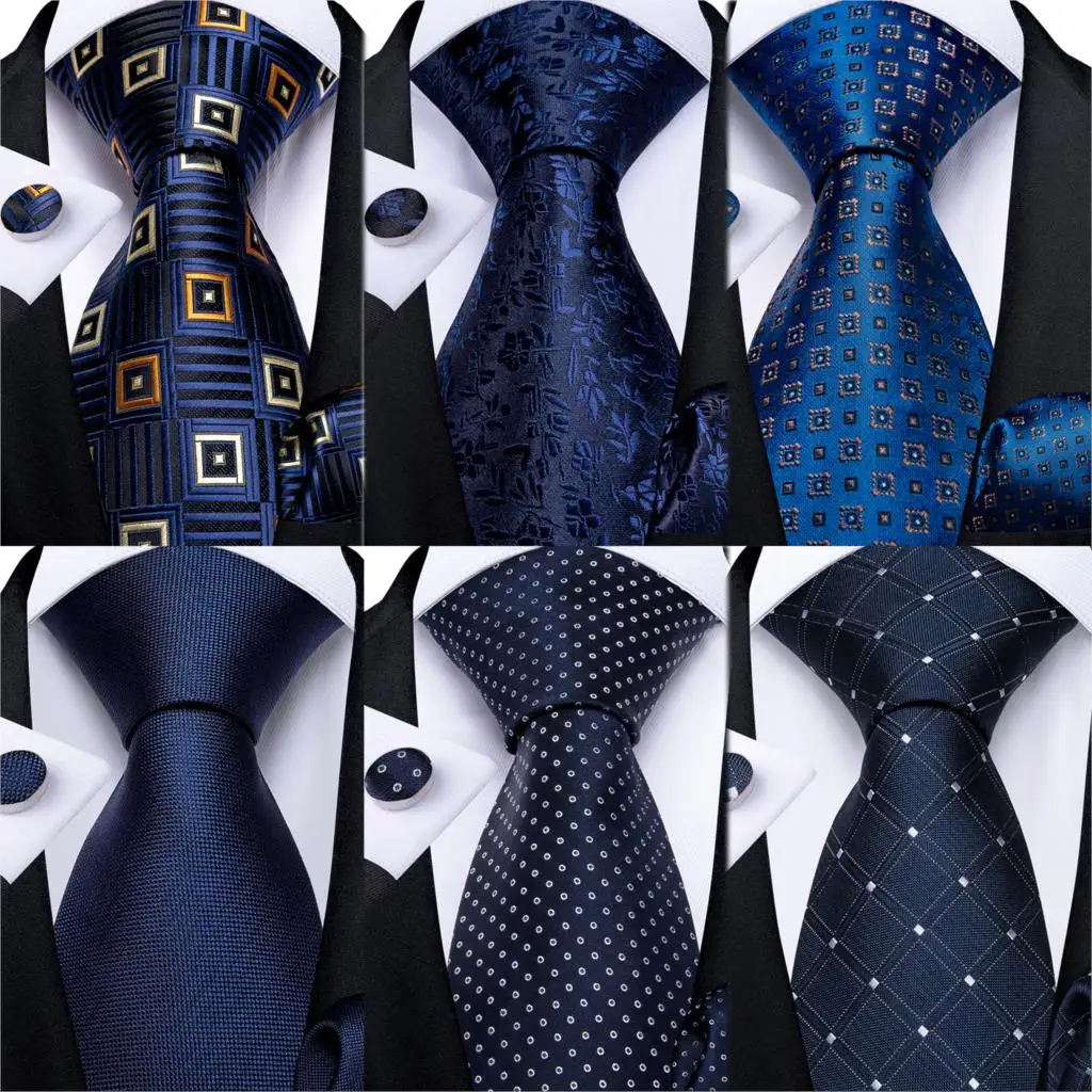 

NEW 8cm Blue Plaid Paisley Dot 100% Silk Men Tie Business Formal Wedding Party Necktie Hanky Cufflinks Set Mens Ties Gift