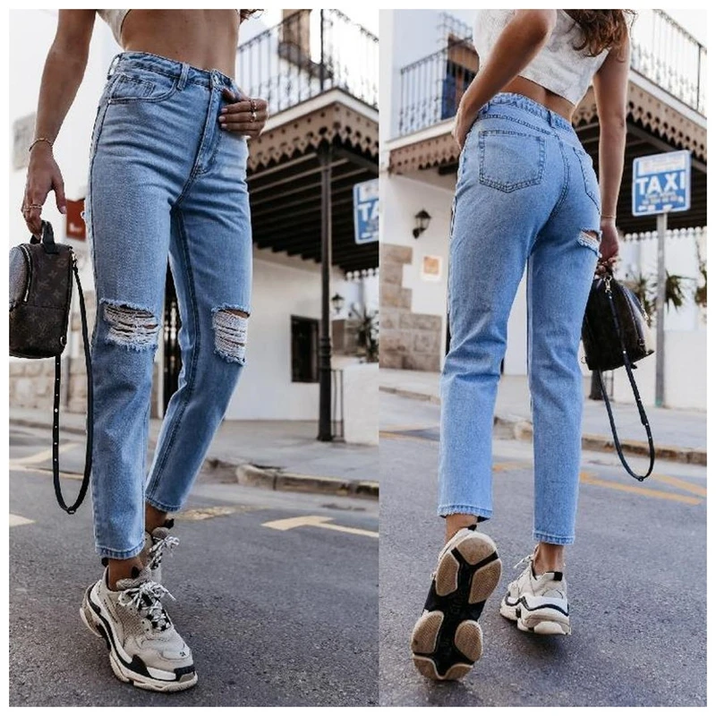 

Women Ripped washed straight leg pants high waist denim Good Sexy Black Pencil Pants Female Plus Size Wash Hole Denim Trousers
