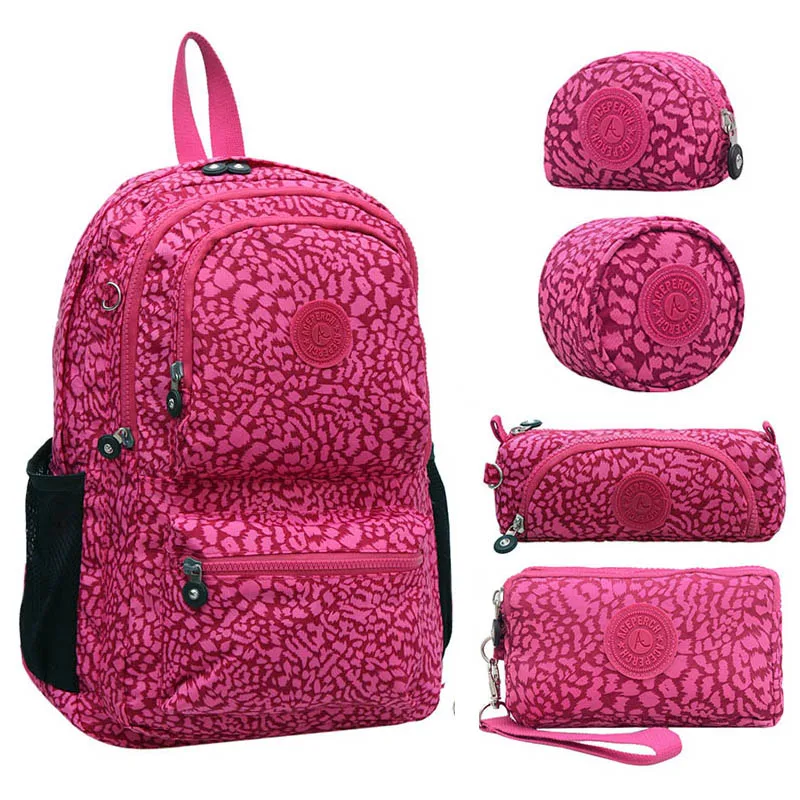 5 pieces Leopard ACEPERCH Повседневный школьный рюкзак для девочек-подростков, женские рюкзаки, нейлоновый рюкзак для ноутбука, женский рюкзак - Color: 5 pieces Leopard