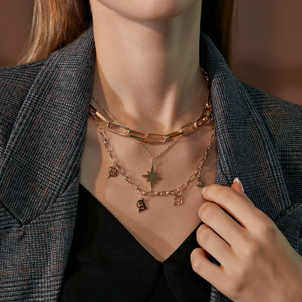 

Fashion Multi-layer Letter Pendant For Women Retro Star Shape Thick Chain Necklace Girl Jewelry Birthday Gift