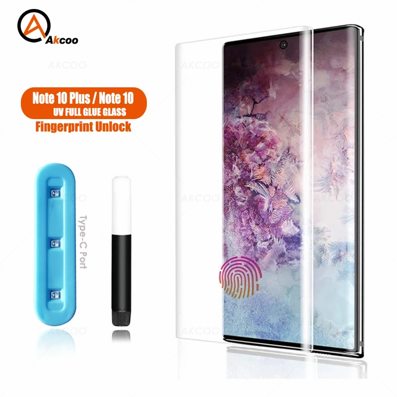 

Akcoo Note 10 Plus Tempered Glass Screen Protector fingerprint unlock for Samsung Galaxy Note 10 UV Glass Screen film full Cover