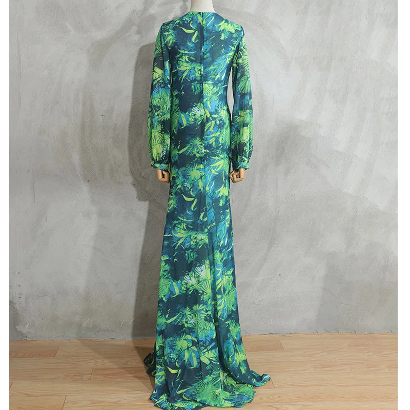 

Green Floral Printed Maxi Dress Women High Street 2021 Spring Summer Elegant Vacation Sexy Split Party Night Dresses Chic Mujer