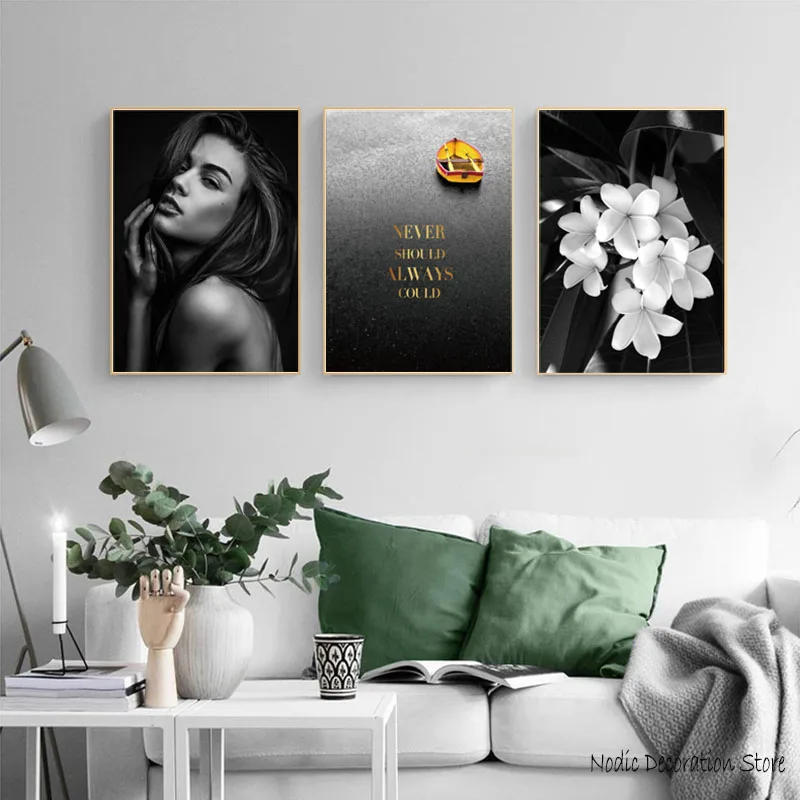 Черно белый настенный постер с цветами девушка скандинавский желтый дождь лодка