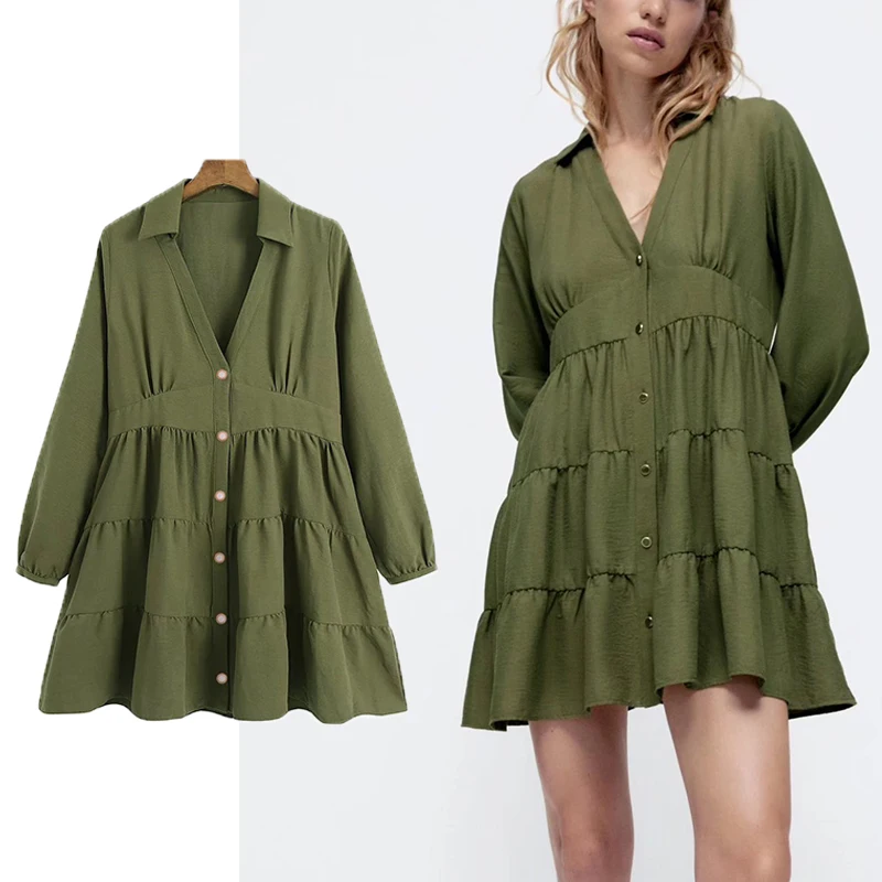 

ZA Spring Summer Women Solid Mini Pleated Dress 2022 New Long Sleeve Elegant Party A-line Fashion Outfits