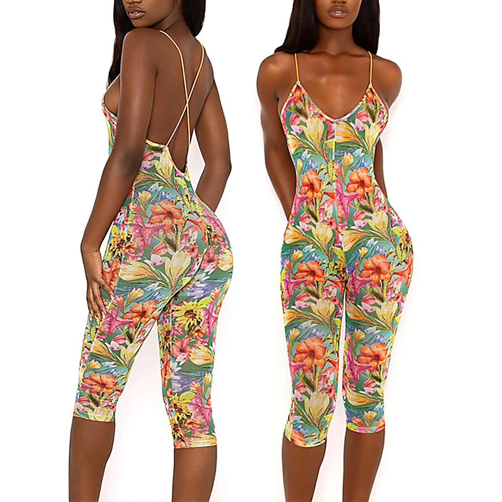 

Sexy Floral Print Mesh Romper Club Outfits for Women Summer 2021 Backless Strap Bodycon Calf Length Pants Jumpsuit