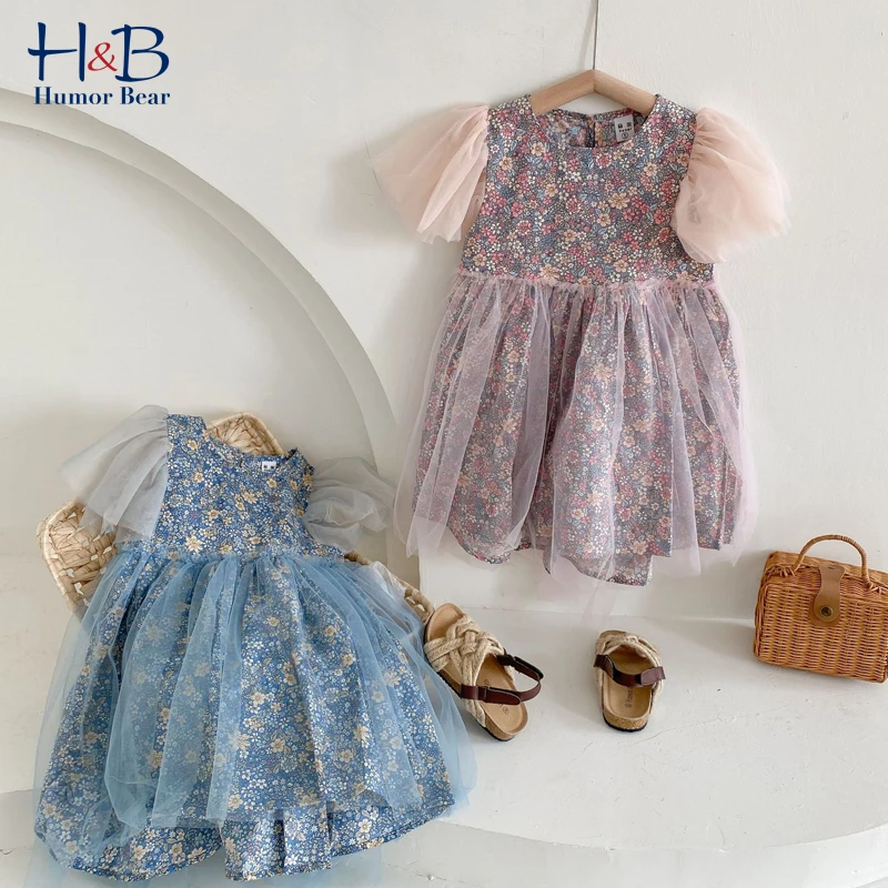 

Humor Bear Girls Dress Summer New Short Sleeve Floarl Printed Mesh Patchwork Cute Princess Dress Toddler Kids Clothes