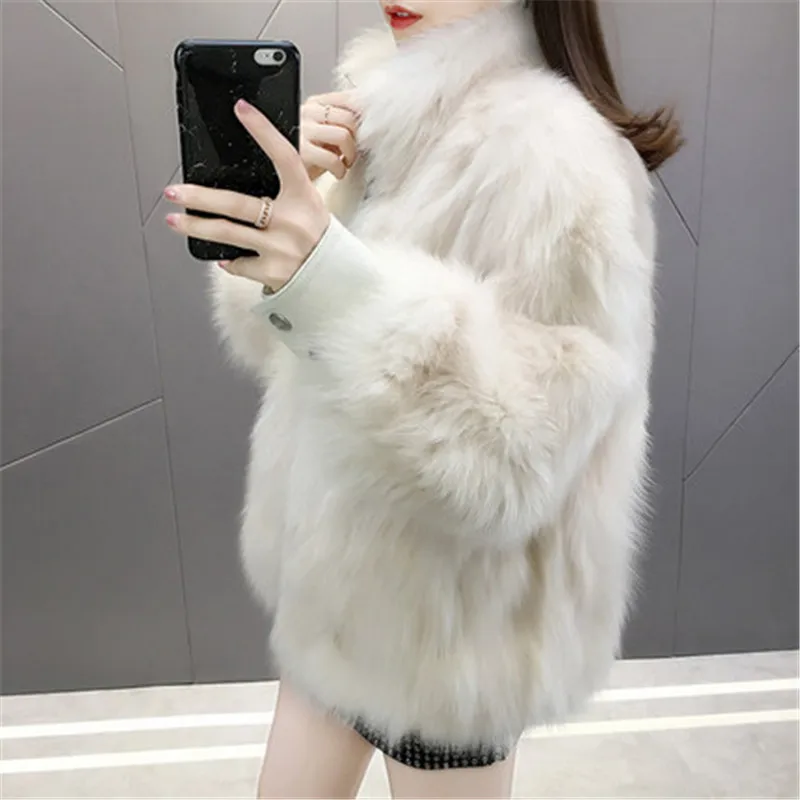 2019 new stand collar ladies fox fur coat large size fashion short leather fur female coat 873