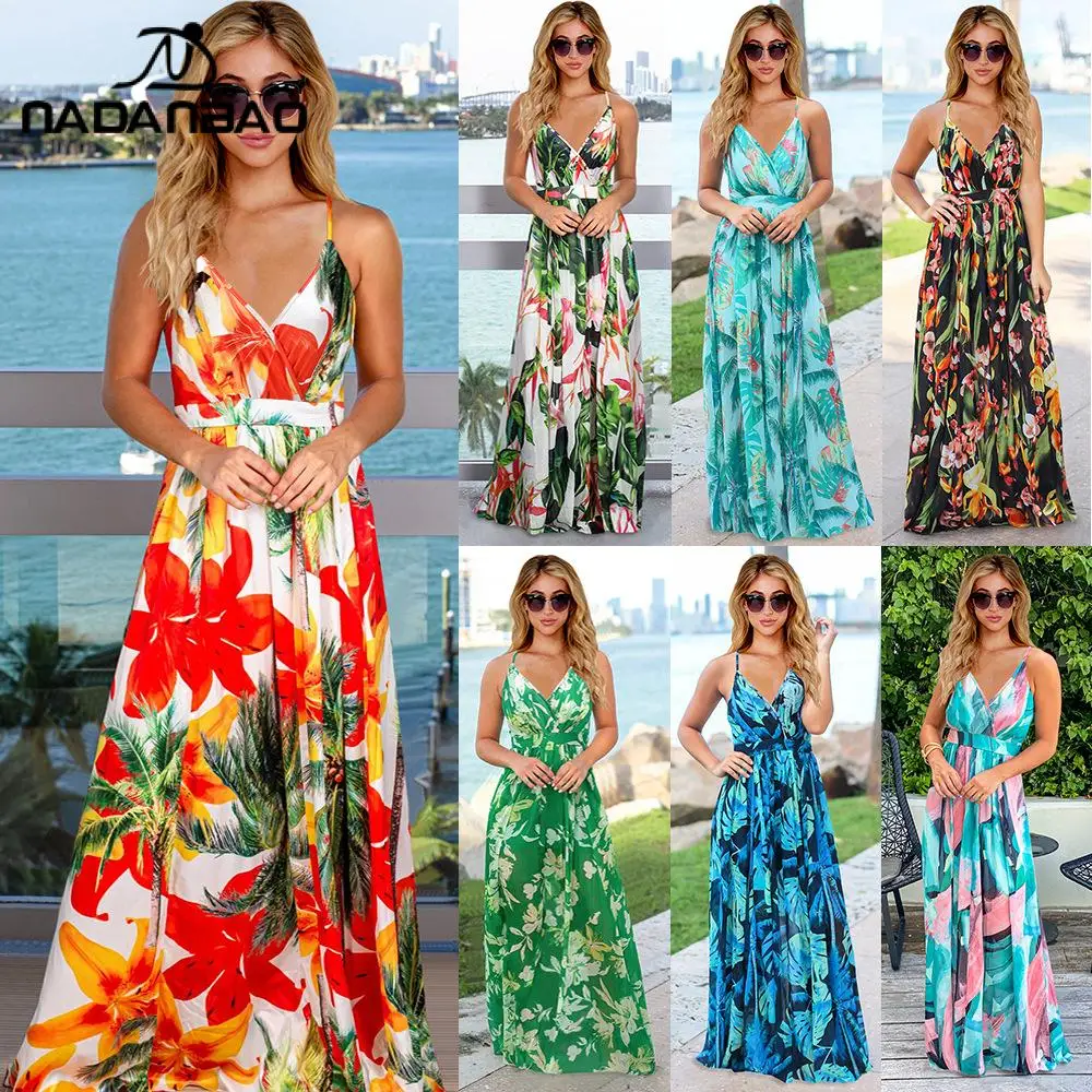 

NADANBAO 2021 Summer Beach Dress Sexy Deep V-neck Suspender Casual Costume Travel Seaside Party Floral Dress Bohemian Style