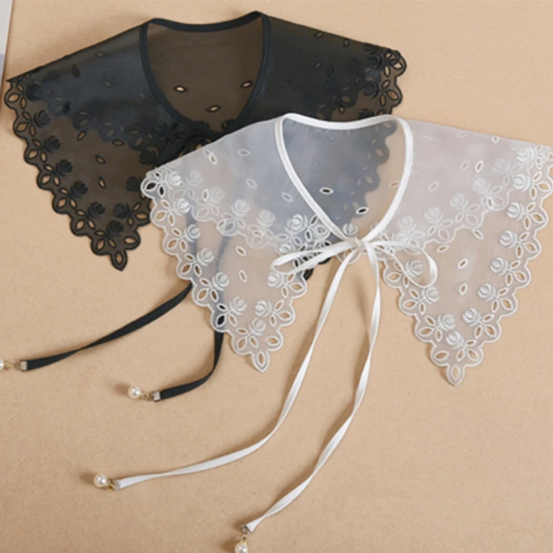 

New Hollow Out Floral Lace Fake Collar Shawl Elegant Mesh Tulle Half Shirt Necklace Pearl Ribbon Lace-Up Mini Poncho Capelet