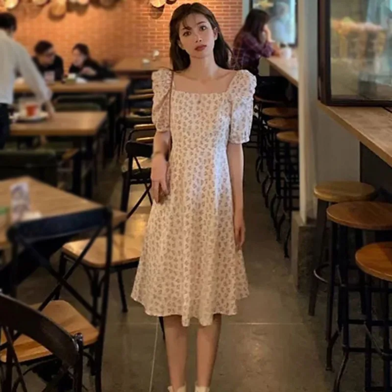 

Dress Boho Beach Dress Ladies Floral Square Collar Puff Short Sleeve Women Vestidos Long Dress