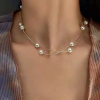 origin summer minimalist simulation pearl beaded choker necklace for women girl double layer metallic chain necklace jewelry