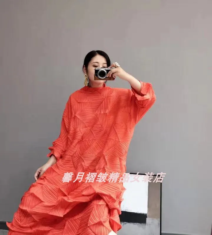 Горячая Miyake модное платье со складками со стразами, однотонное Свободное длинное платье со стоячим воротником