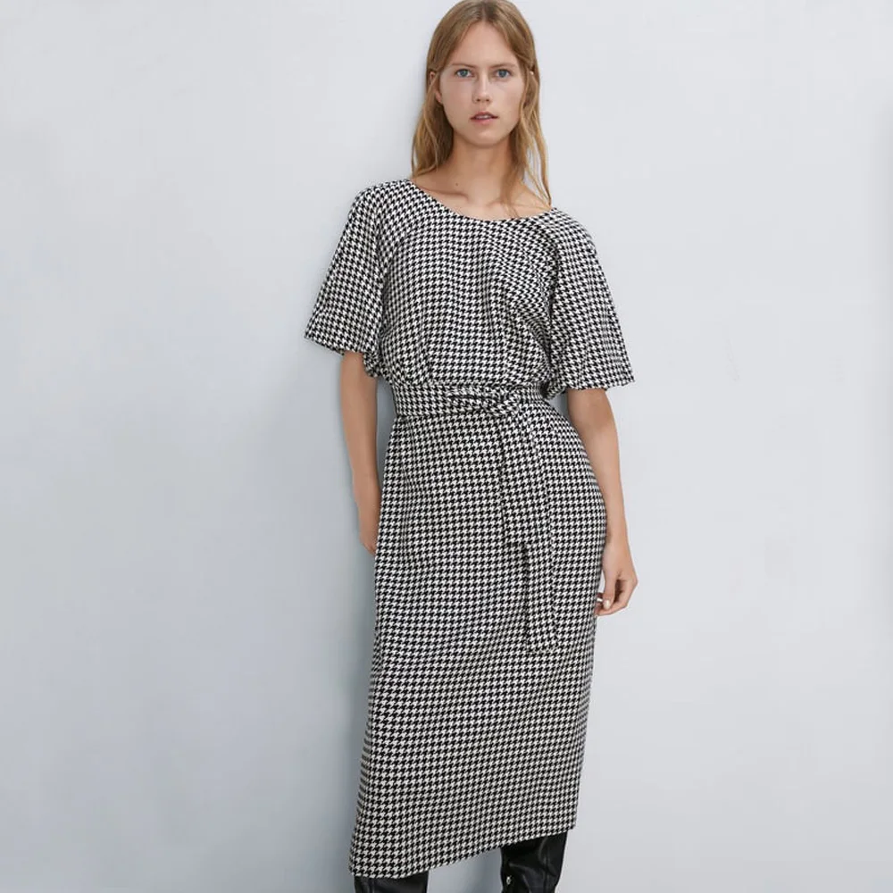 ZA 2019 Новое черно белое шерстяное платье с узором модная женская одежда