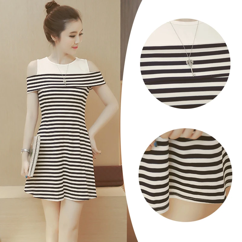 

Women Summer Fashion Black White Striped Dress Patchwork Short Sleeve Dresses Female O Neck Elegant Korean Vestidos
