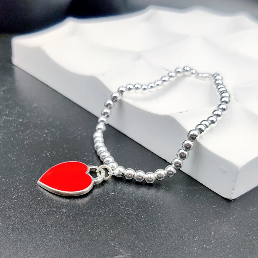 

925 Sterling Silver 4/8mm Bead Bracelet Women's Classic Enamel Heart Charm Beaded Bracelet All-Match Friendship Jewelry Gift