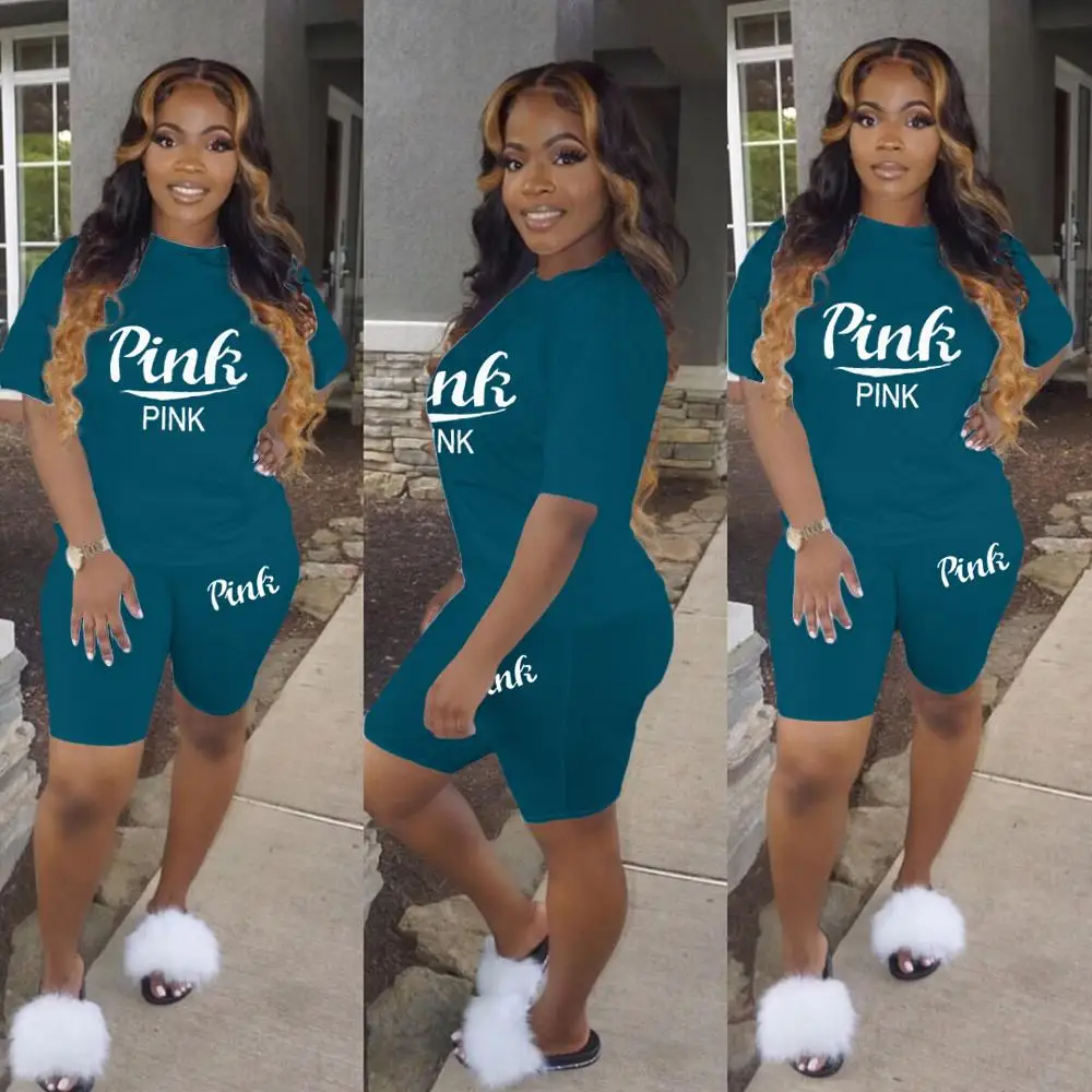 

2020 women fashion simple solid color round neck short sleeve monogram top and hot shorts 2 pieces set casual lady fashion set