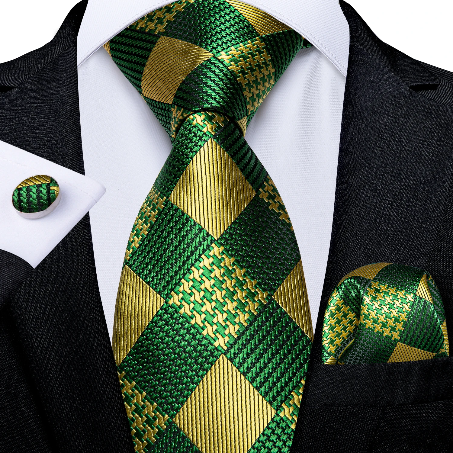 

Designer Men's Silk Tie Set Luxury Green Gold Plaid Business Wedding Neck Tie For Men Gift Set Wholesale Items For Business