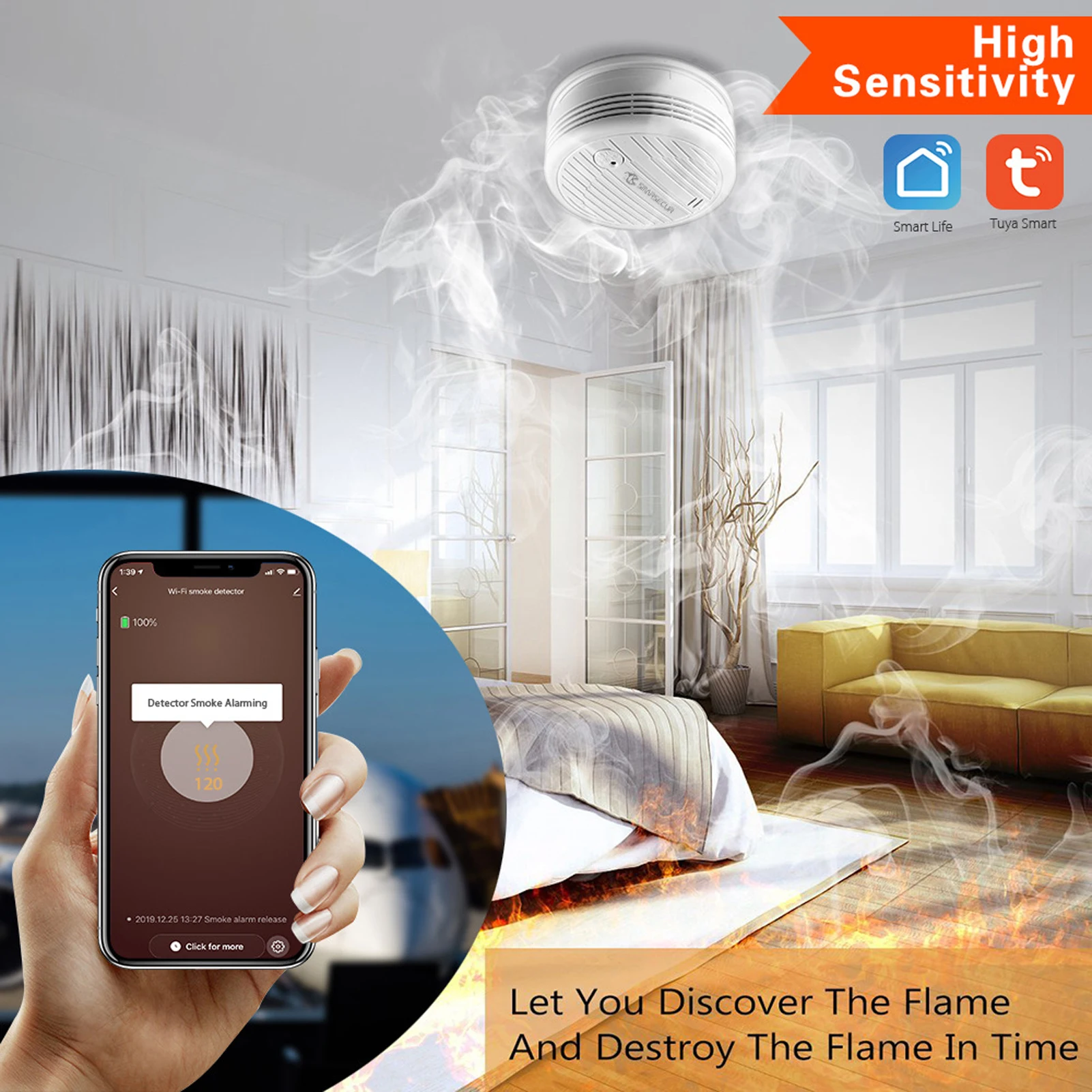 tuya wifi smokes detector intelligent alarm intelligent home life home household office hospital multifunction utility tools free global shipping