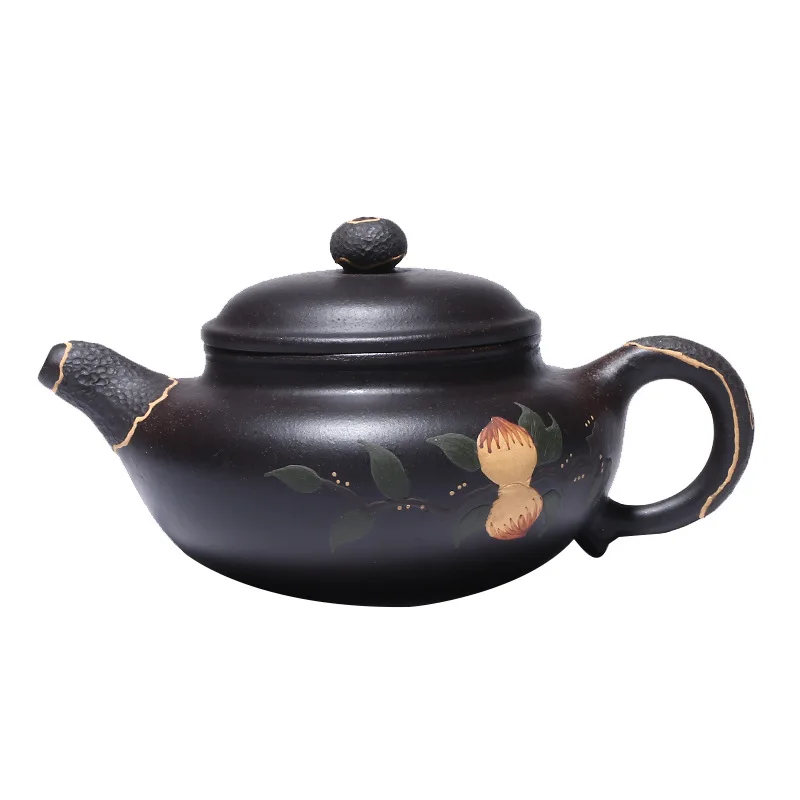 

Yixing Zisha teapot original black diamond Decal clay painted longevity peach antique Teapot Set tea set gift