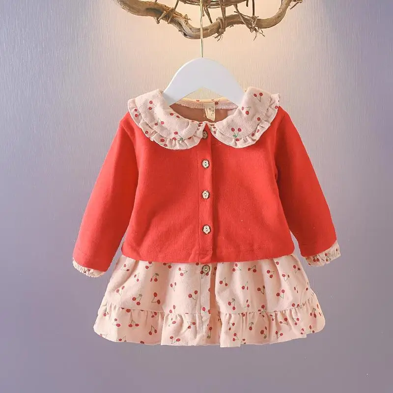 

Baby autumn two-piece suit girls western style long-sleeved dress + floral jacket cotton Korean version P4781