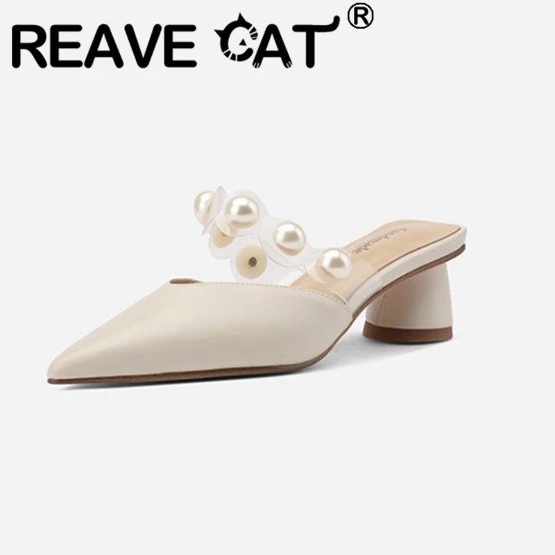 

Босоножки REAVE CAT, лаконичные босоножки из натуральной кожи, с острым носком, без застежек, с бусинами, на странном каблуке 5 см, US9, черные, перс...