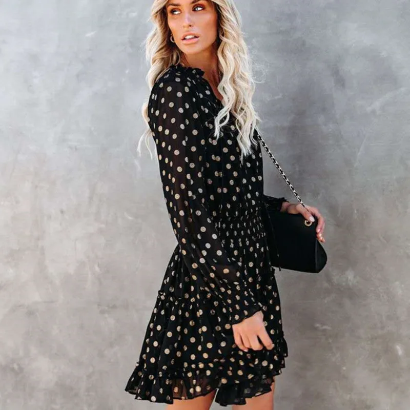 

Spring Summer New Style Polka Dot Printing V-neck High Waist Dress Casual Long-sleeved Fashion Daily Wear Dresses En*