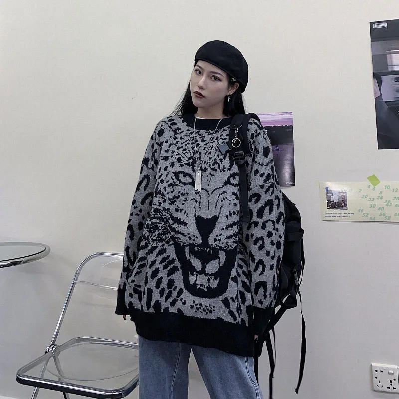 

autumn Harajuku oversize Korean style o-neck long sleeve pullover and Sweaters leopard new fashion brand Women's Clothing