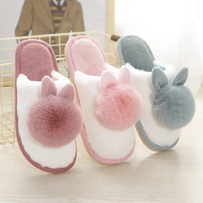 2019 женская обувь милые зимние домашние тапочки теплые тканевые с кроличьим мехом