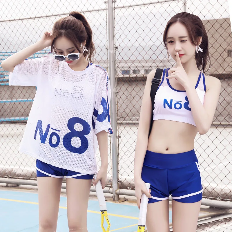 

2021 hot spring swimsuit women's three piece set of conservative sports bikini flat angle sunscreen student swimming suit