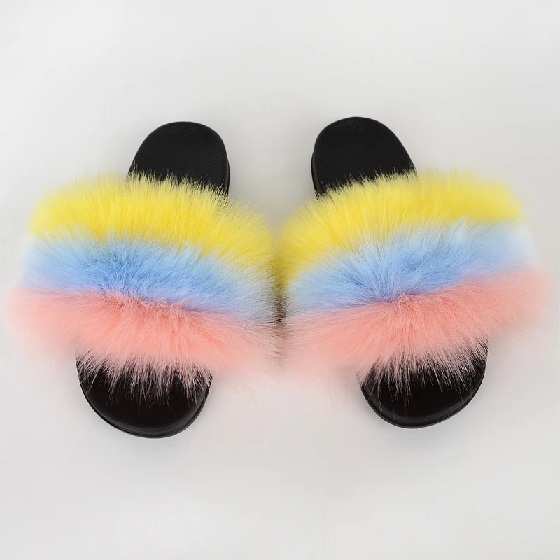 

Women Summer Faux Fox Fur Slippers Sweet Fur Slides Fashion Fluffy Plush Slippers Furry Slides Outdoor Fur Slides Cute Slippers