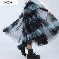 runway skirt women 2021 spring summer brand designer tie dye long maxi skirt female 3 layered mesh tulle pleated long skirts