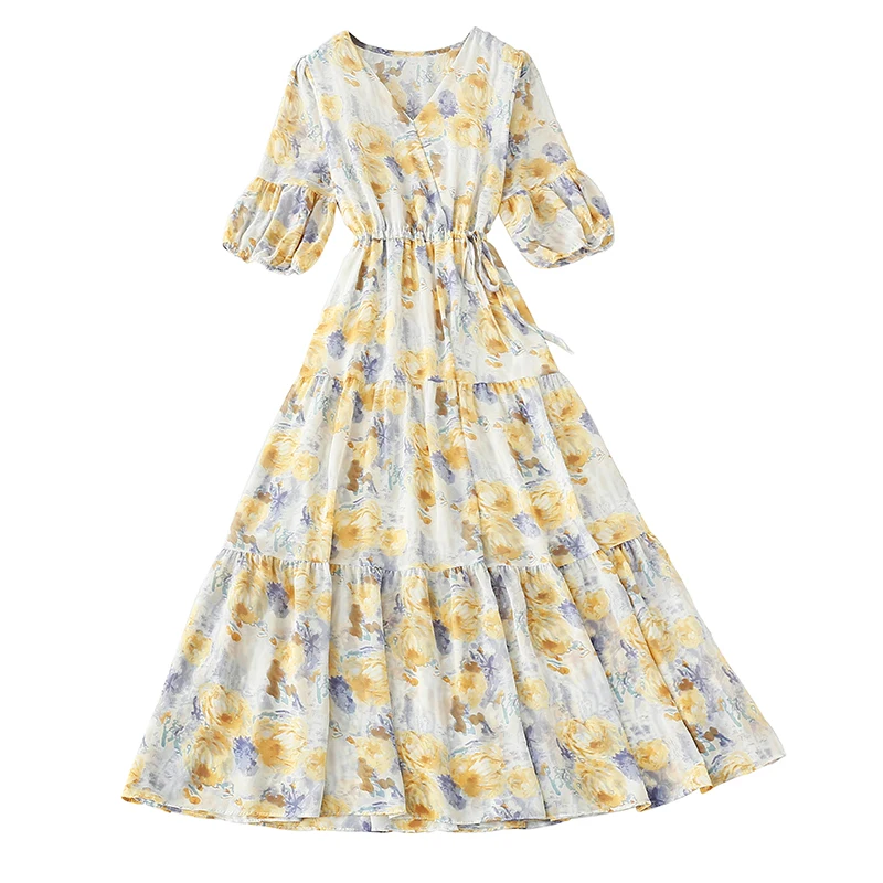 

Women Dresses Summer Beach Short Sleeve Chiffon Tunic Ruffles Party Long Dresses Sweet Blue Floral Print Boho Dress Vestidos