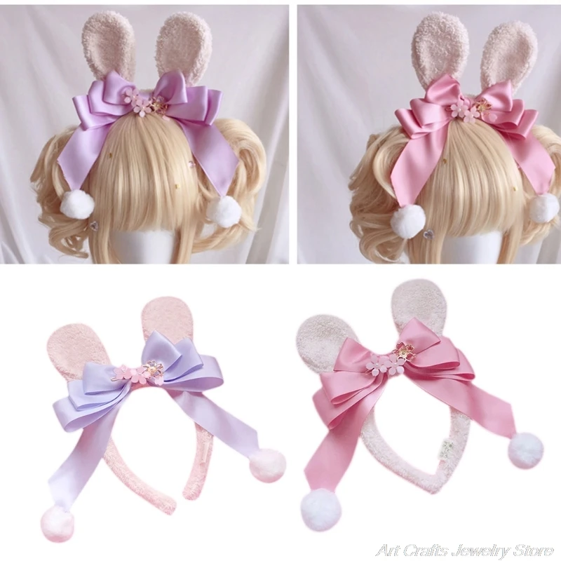 

Japanese Lolita Rabbit Ears Headband Sweet Cherry Blossom Bow Bunny Hair Hoop Cute Pompom Anime Cosplay Headpiece A07 21
