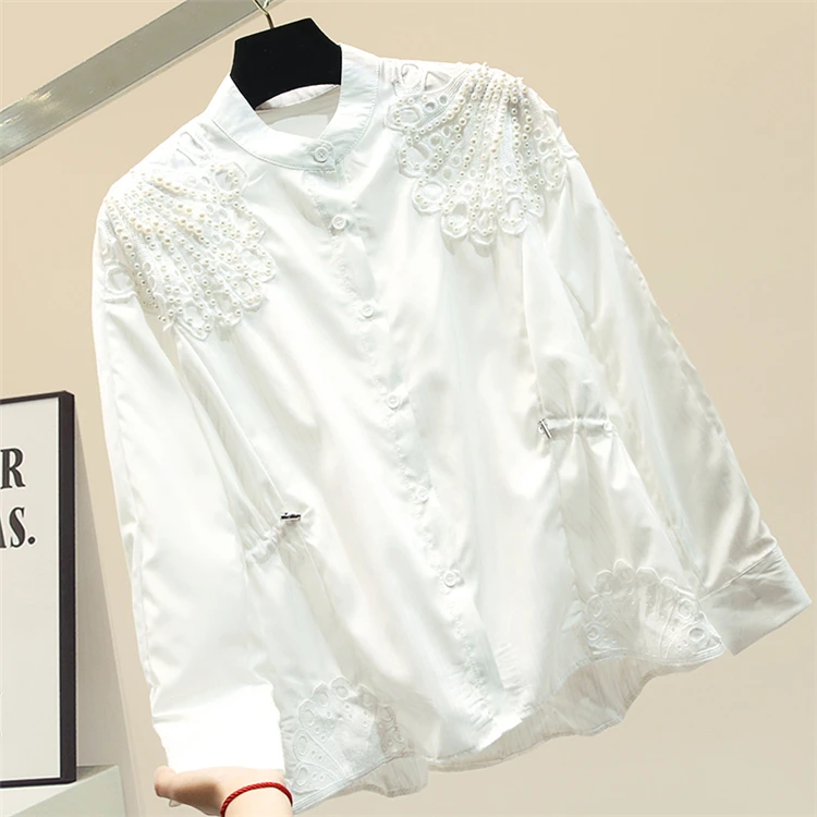WHITNEY WANG Blouses 2020 Spring Fashion Streetwear Lace Embroidery Pearls Beading Striped Blouse Women Blusas Lady Shirt Top | Женская