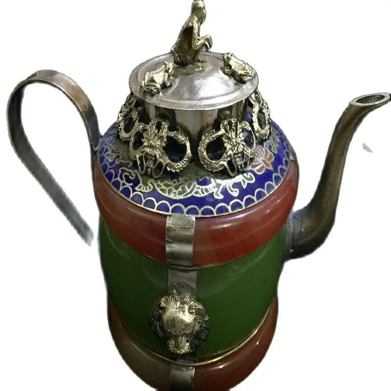 

Antique white copper seedling silver imitation Jasper green jade agate water pot teapot wine pot furniture accessories