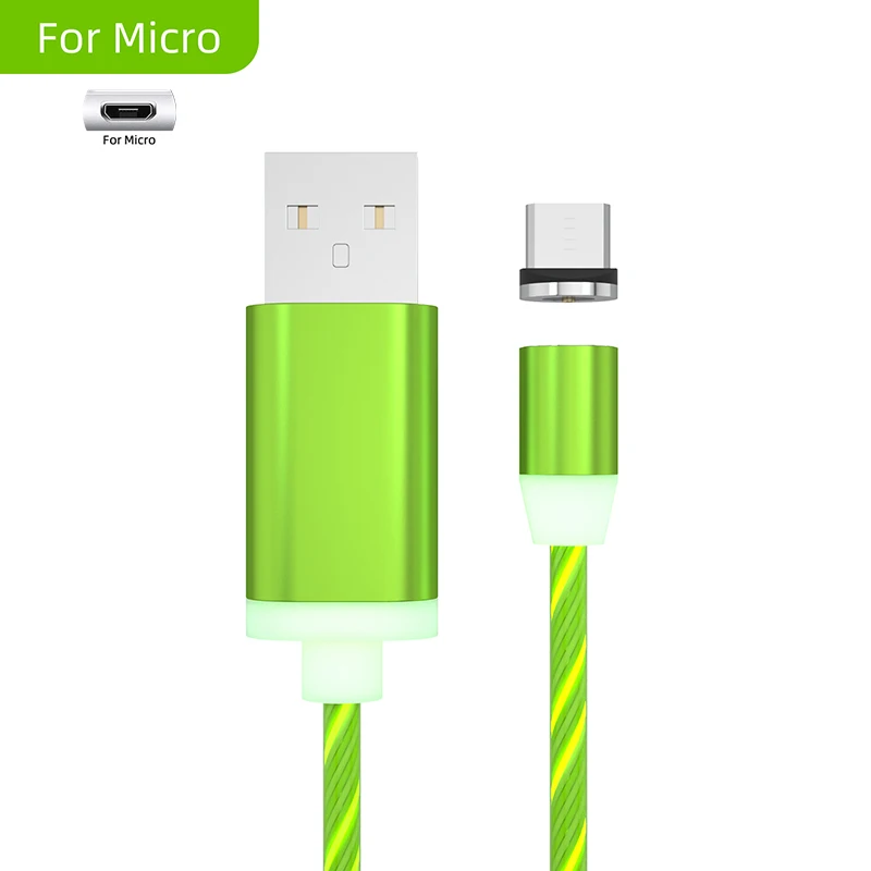 Green for Micro Светящееся освещение потока Магнитный usb-кабель для iPhone XR X 7 8 Micro type C зарядное устройство 2.1A Быстрая зарядка магнит зарядка USB-C type-C - Цвет: Green for Micro