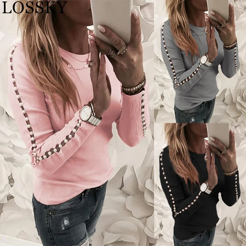 

Women Autumn Winter Kintted Bodycon Shirt Casual Round Neck Long Sleeve Bead Hollow Out Blouse Sexy Fall Top Blusas Feminina New