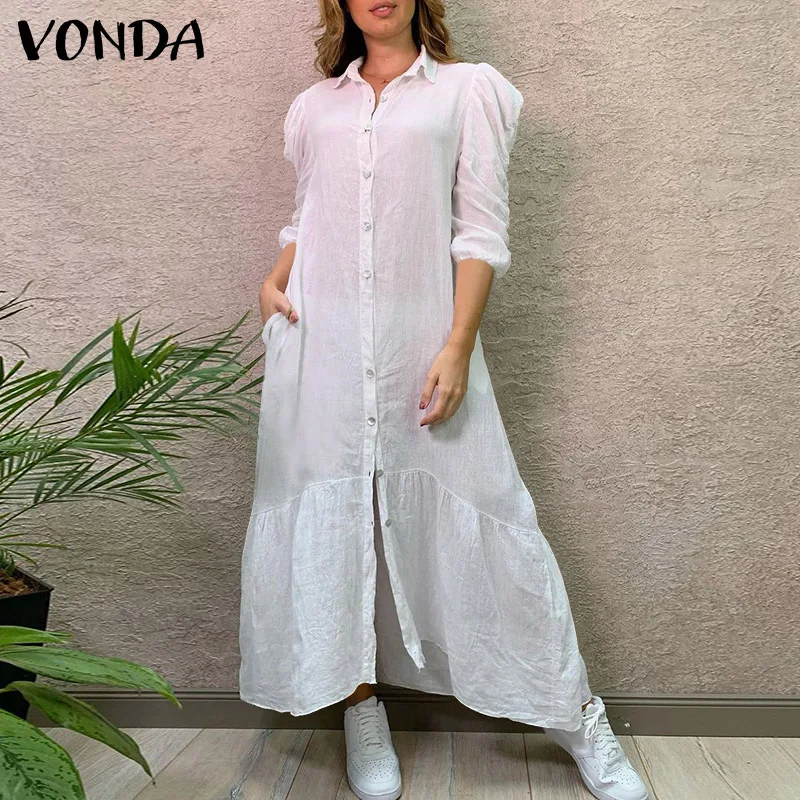 

Vintage Solid Color Dress VONDA 2021 Autumn Women Lapel Neck Party Long Maxi Dresses Casual Puff Sleeve Ruffled Vestidos Robe