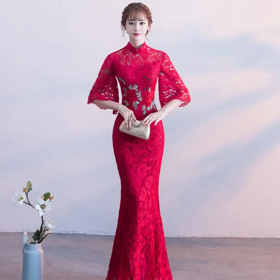 

Red Lace Bride Cheongsam Long Qipao Dresses Chinese Traditional Wedding Mermaid Dress China Clothing