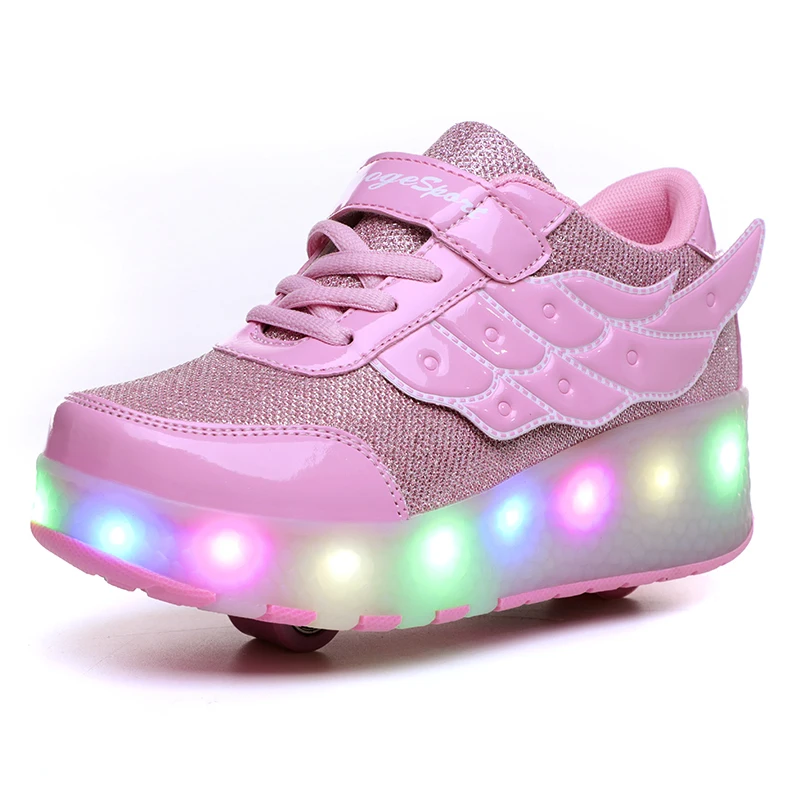 Children One Two Wheels Luminous Glowing Sneakers Gold Pink Led Light Roller Skate Shoes Kids Boys Girls USB Charging | Детская одежда - Фото №1