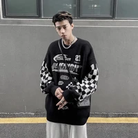 mens streetwear harajuku sweater vintage retro plaid letters embroidery knitted sweater 2021 autumn cotton pullover