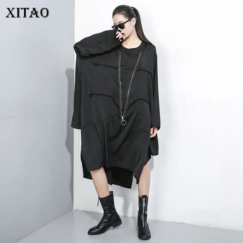 XITAO Tide асимметричное Плиссированное Платье с принтом женская одежда Модный пуловер на молнии длинный рукав осень Новинка ZYQ1942