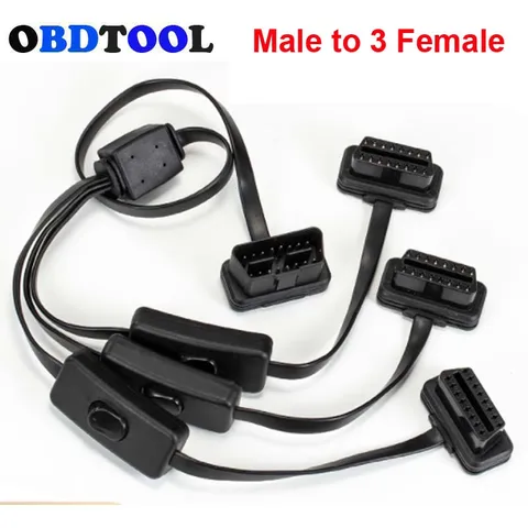 Кабель-удлинитель автомобильный OBD2 16-контактный с выключателем, удлинитель тонкий штекер OBD 16-контактный, адаптер, соединитель для автомобильного сканера, 3 гнезда