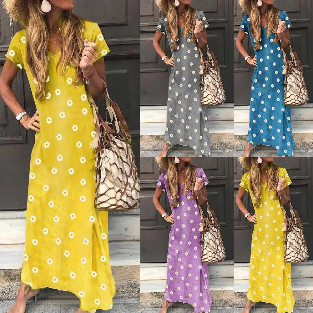 

Summer Elegant beach Women Dress Casual V Neck Short Sleeve Marguerite Print Large Hem Loose Long Dress Femme Vestidos